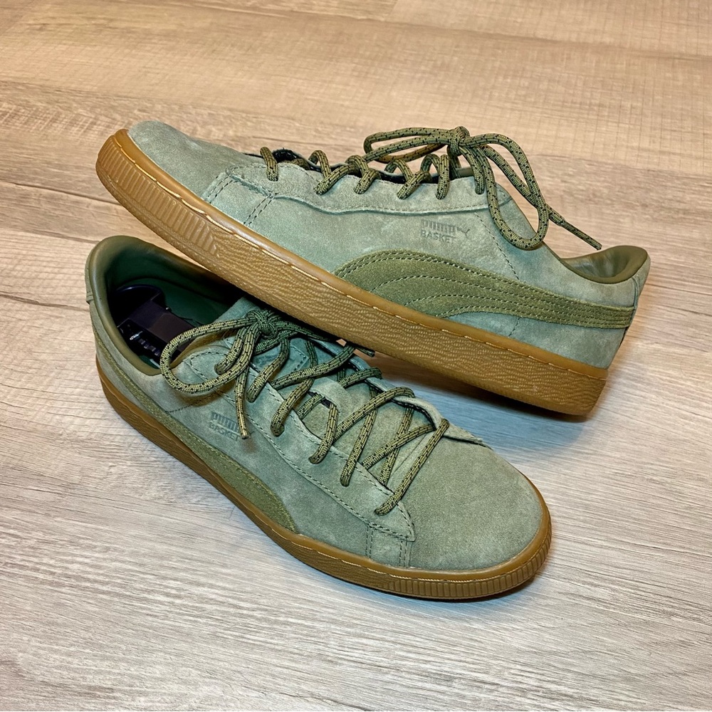 PUMA Basket Trainers. Green Suede with Gum Sole - US Size 6.5C.